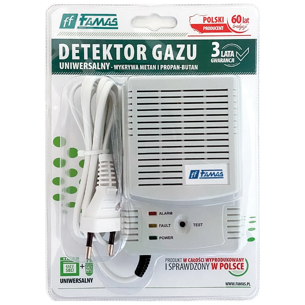 Detektor domowy do gazu propan-butan (z butli) i do metanu (ziemnego) Famas