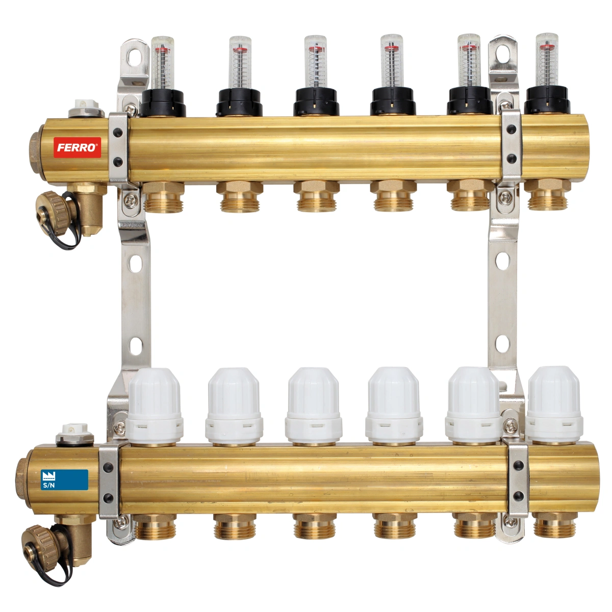 Rozdzielacz mosiężny typ RZP 1" z zaworami termostatycznymi i przepływomierzami
