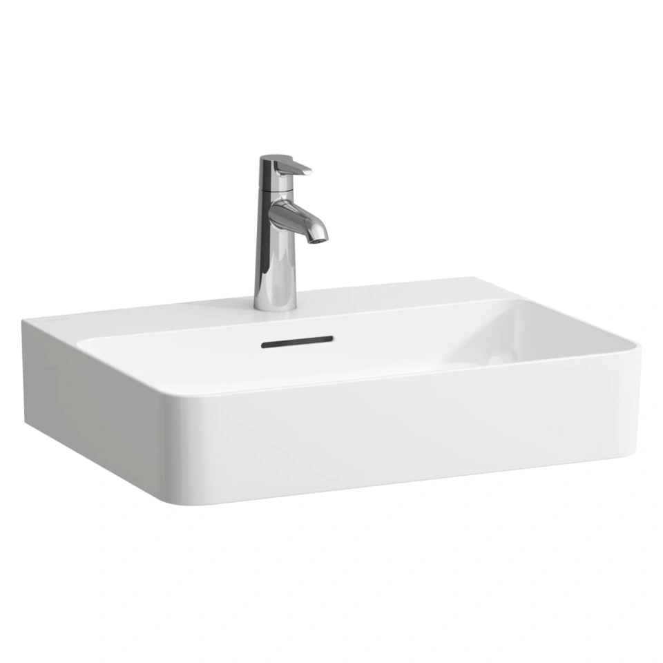 Umywalka ścienna VAL 550 x 420 mm SaphirKeramikz kompletnie szkliwionym systemem przelewowymwymagany montaż do ściany