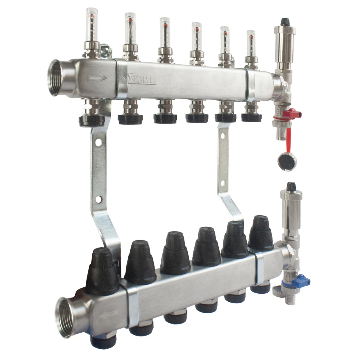Rozdzielacz ze stali nierdzewnej INOX z przepływomierzami, zaworami termostatycznymi, zaworami spustowymi i odpowietrznikami automatycznymi