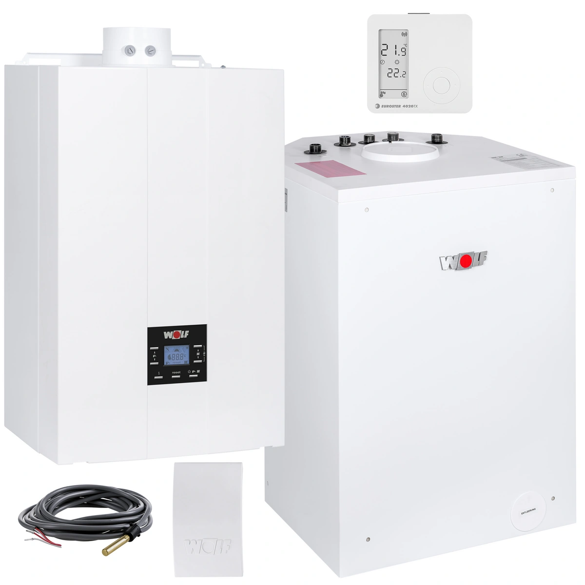 Pakiet Kocioł 1-fun.kondens Wolf FGB-28 + zasobnik CSW-120L + GRATISY (czujnik C.W.U + czujnik temp zewnętrznej + reg. bezp. Euroster 4020 TXRX)